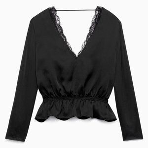 Aritzia Little Moon Black Long Sleeve Lace Silk Blouse